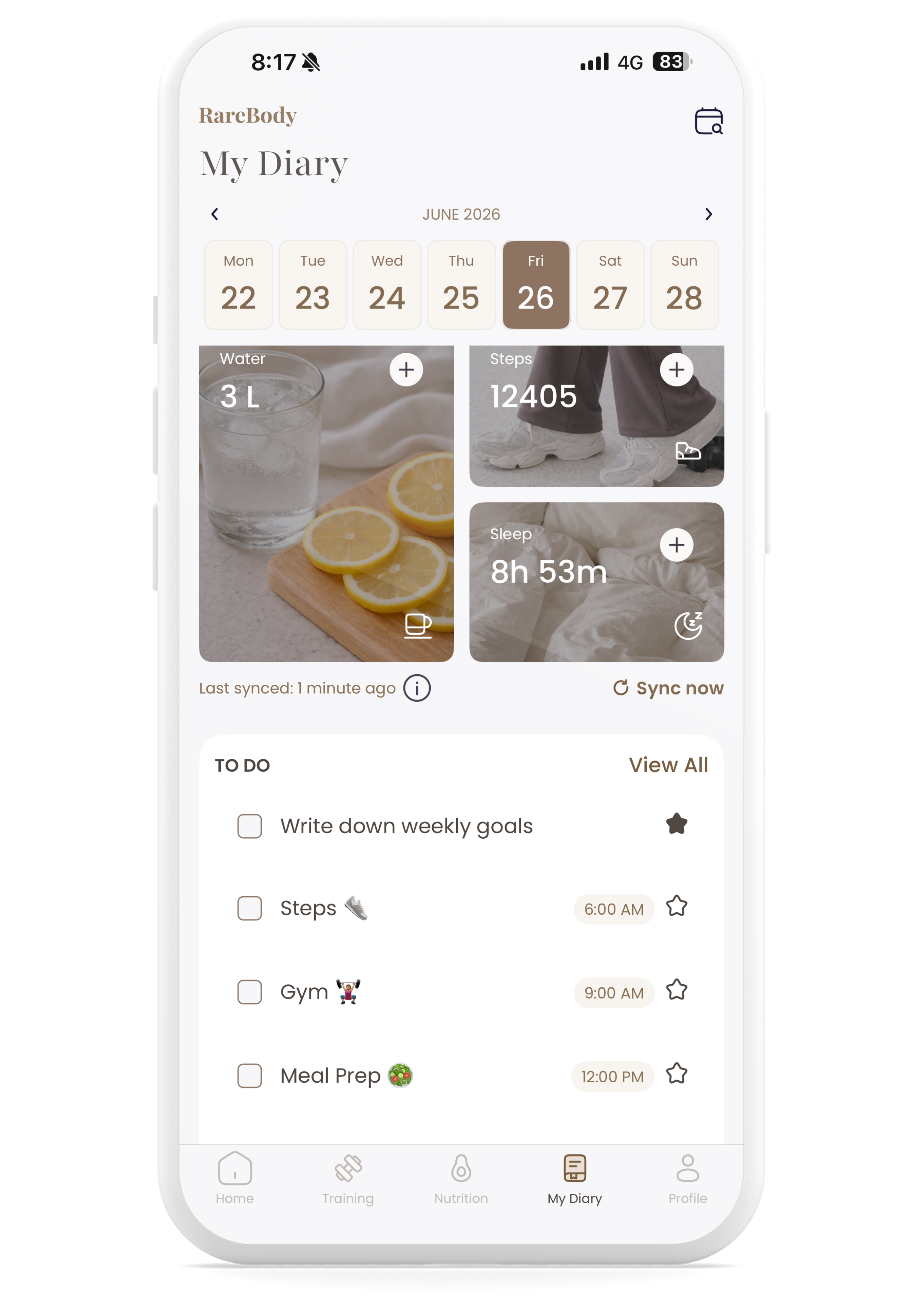 RareBody app - My Diary screen