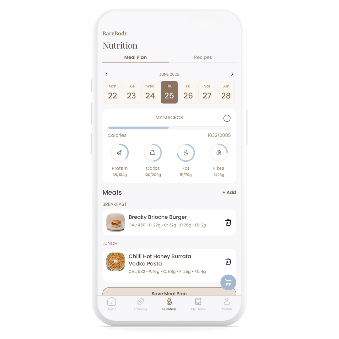 RareBody app - Meal Plan screen