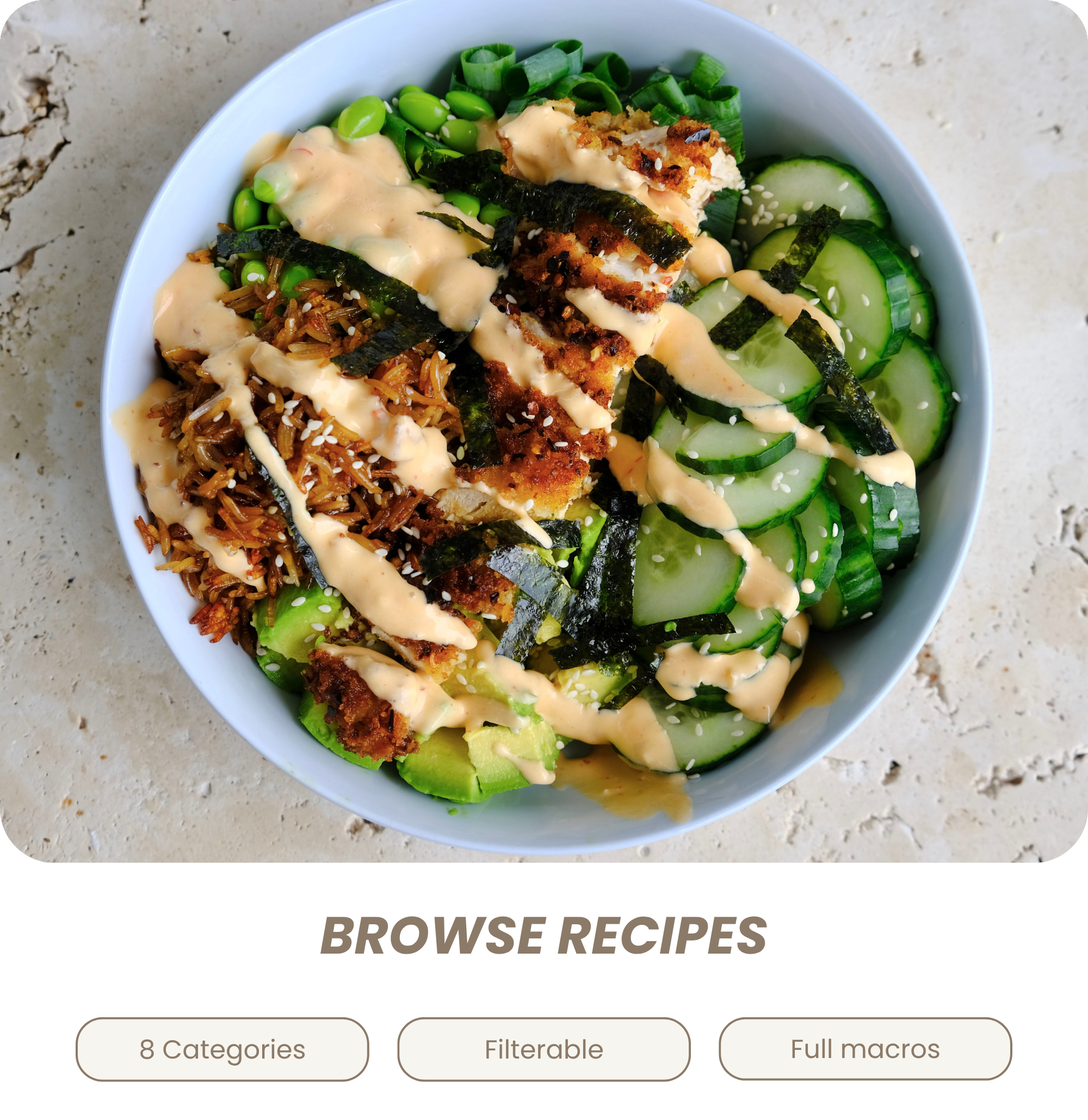 Browse Recipes — 8 Categories, Filterable, Full macros