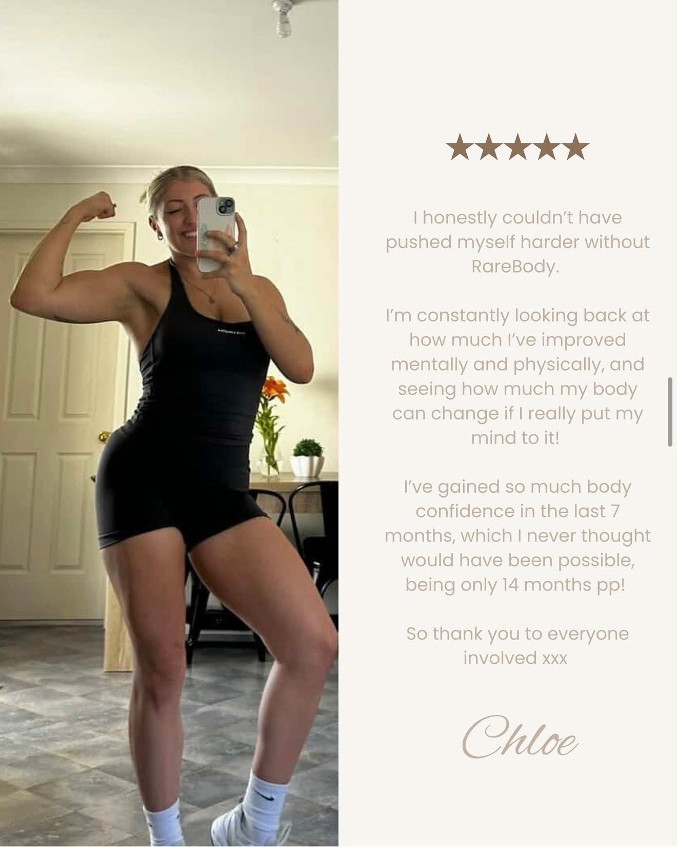 RareBody 5-star review from Chloe with progress photo