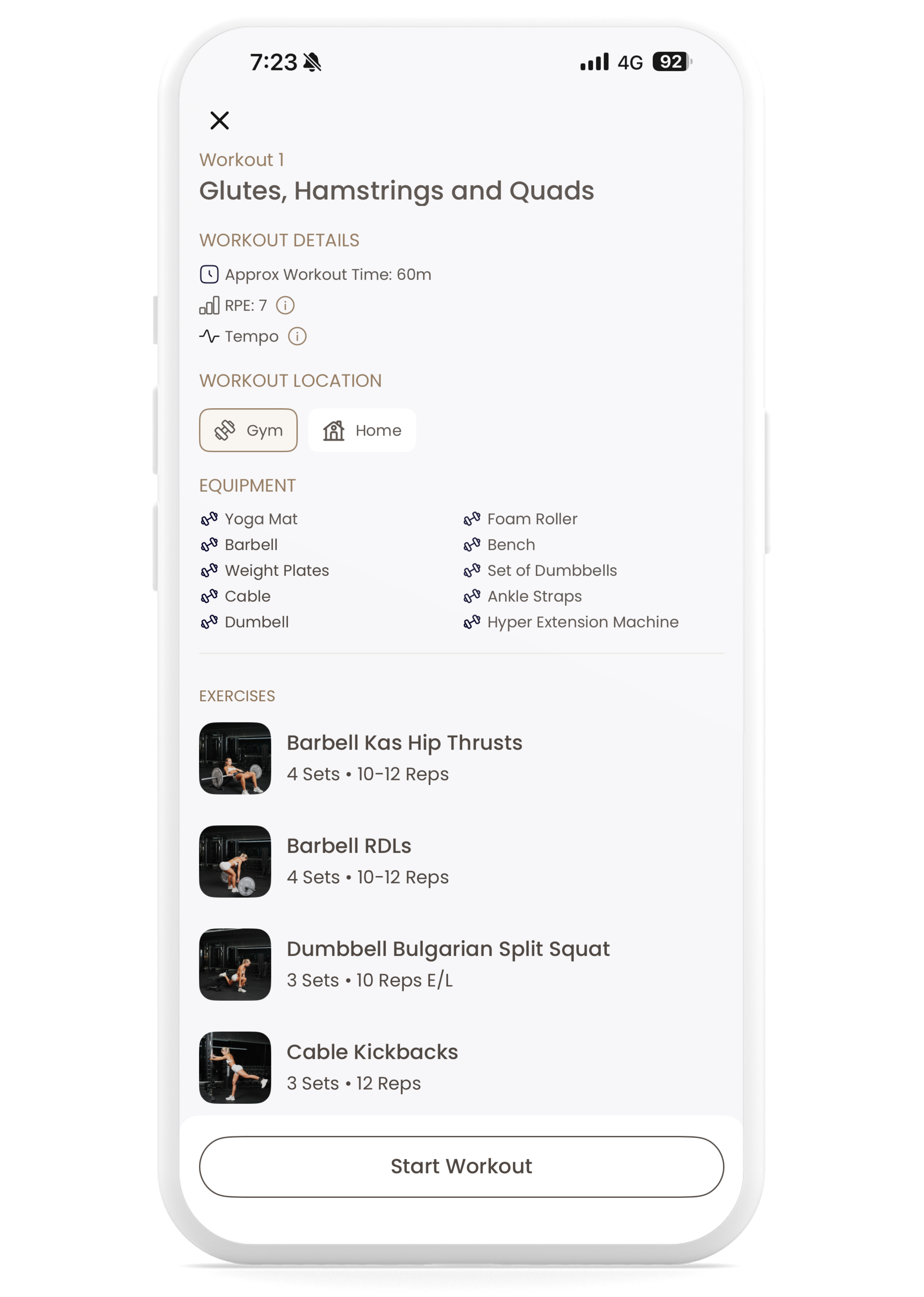 RareBody app - workout screen