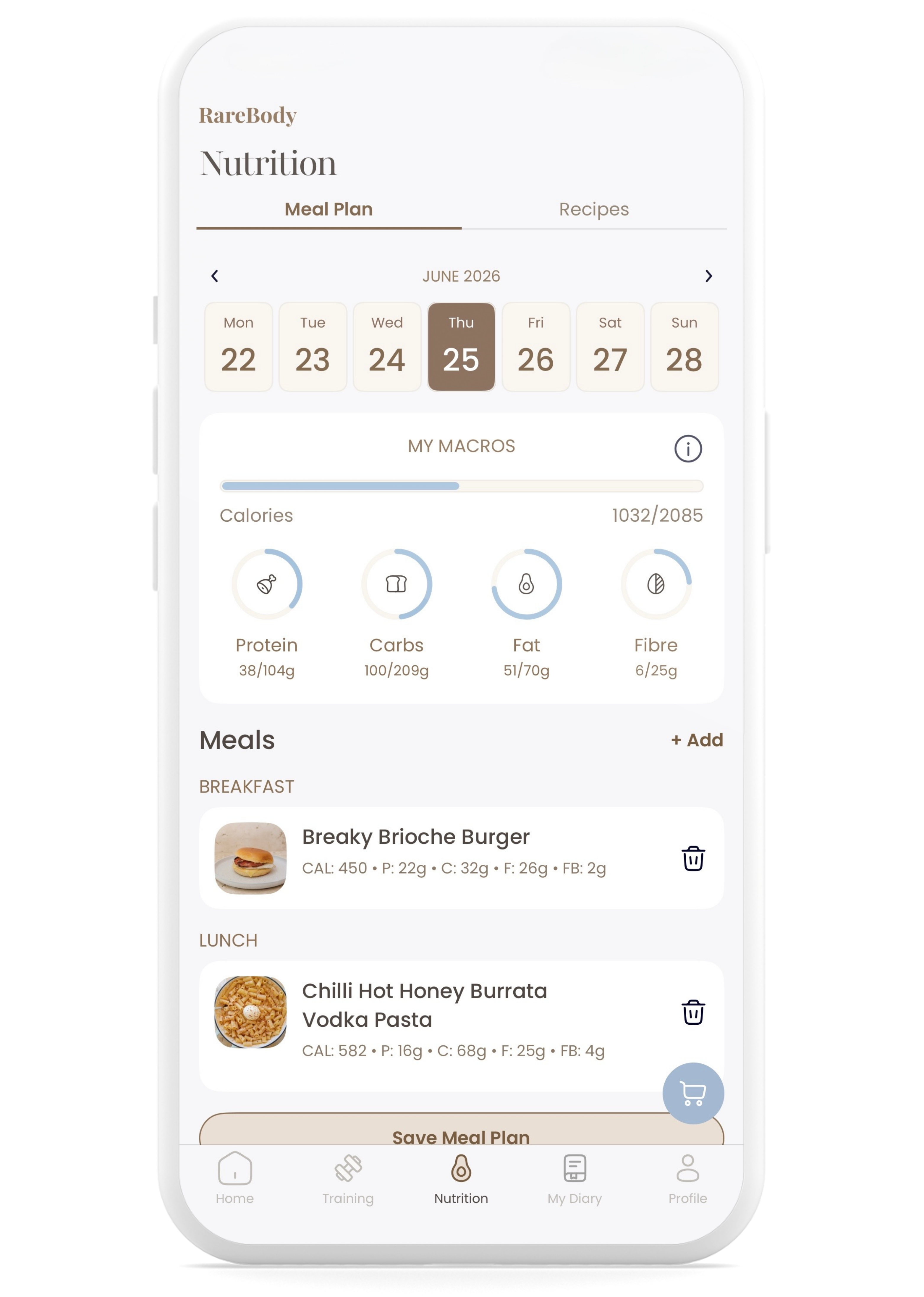 RareBody app - Nutrition screen