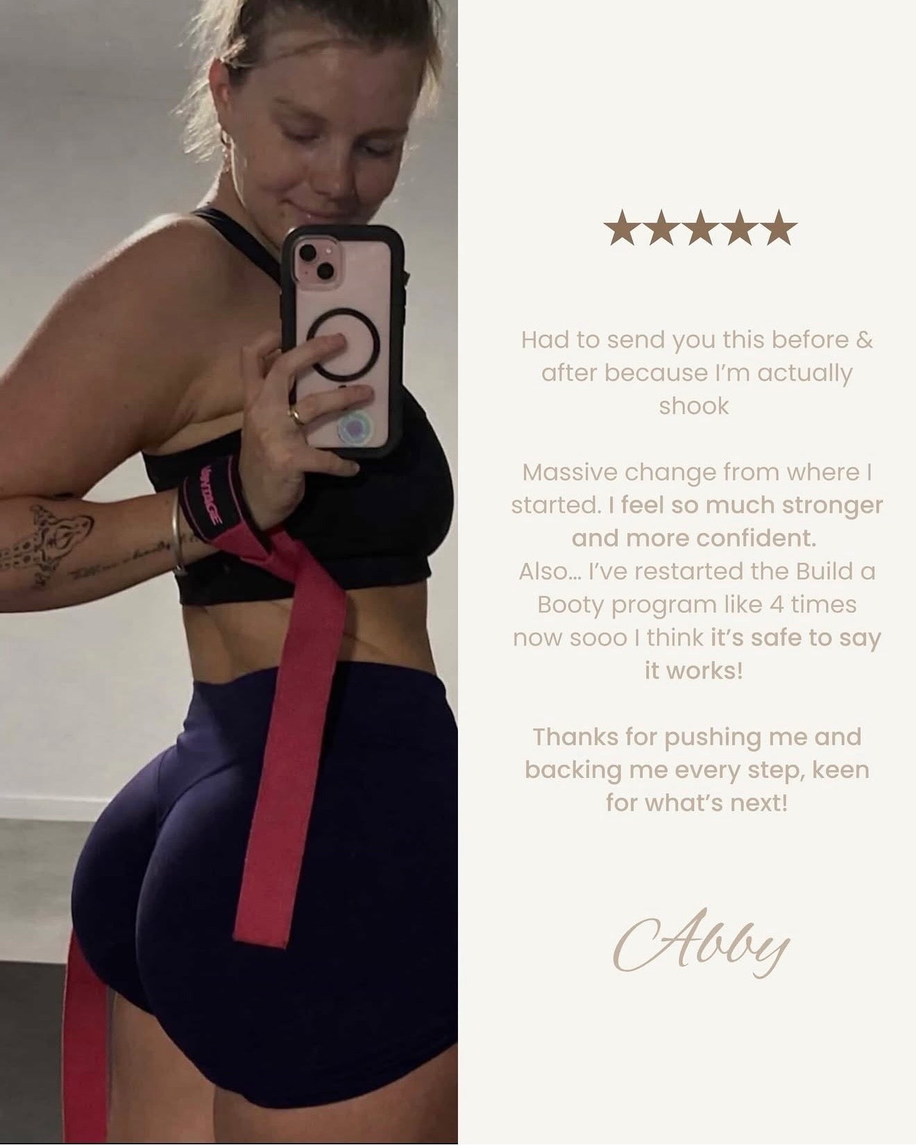 RareBody 5-star review from Abby with progress photo